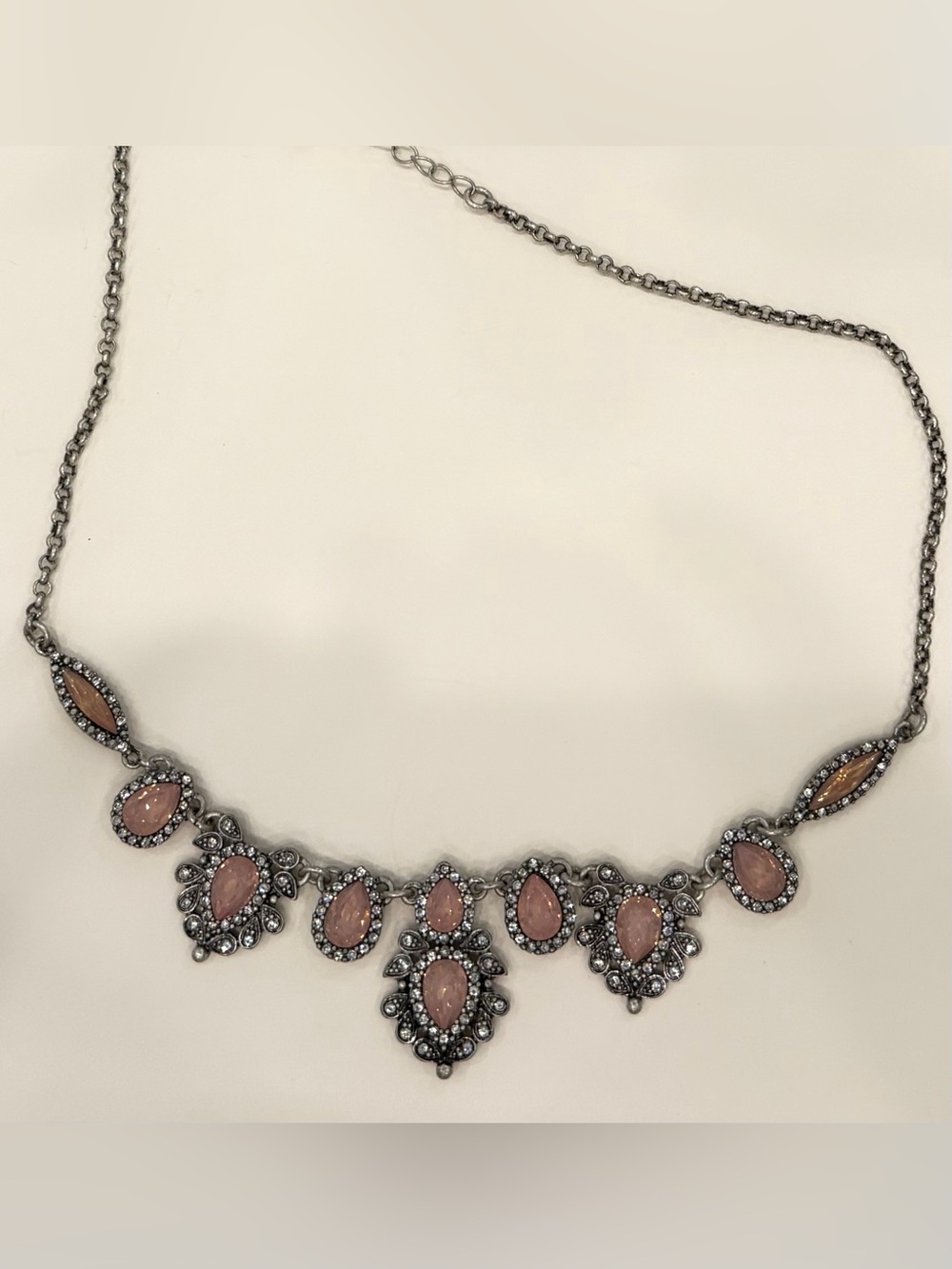 Charming Charlie Blush Pink Crystal Tiara Bib Statement Necklace Antique Silver